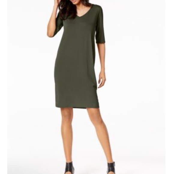 Eileen Fisher Viscose Jersey V Neck Dress in Green Size XS - Picture 1 of 6